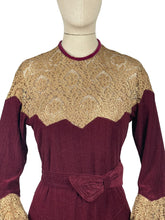 Load image into Gallery viewer, Absolutely Stunning Original 1930's Burgundy Chenille Dress With Bow Belt, Pointed Lace Yoke and Full Sleeves - Bust 34 35