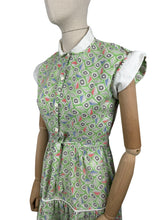 Load image into Gallery viewer, Original Late 1940's or Early 1950's Green Cotton Belted Day Dress with Leaf Print in Black, White, Red and Blue - Bust 34 *