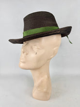 Load image into Gallery viewer, Original Late 1930's Brown and Bronze Straw Hat with Green Grosgrain Trim *