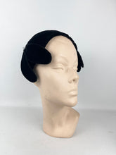 Load image into Gallery viewer, Original 1920's 1930's Black Cotton Velvet Close Fitting Hat with Leaf Trim *