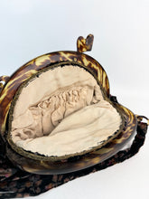 Load image into Gallery viewer, Original 1920's Antique Floral Silk Velvet Bag with Faux Tortoiseshell Frame in Black, Brown and Pink