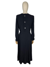 Load image into Gallery viewer, Original 1940’s Post WW2 Inky Black Crepe Cocktail Dress with Beaded Cutout Net Neckline and 11011 Label - Bust 38