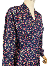 Load image into Gallery viewer, Original 1940's Navy Blue Crepe Long Sleeved Day Dress with Floral Print in Pink and Purple