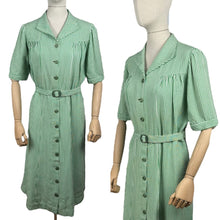 Load image into Gallery viewer, Original 1940's White and Green Candy Stripe Heavy Linen Button Front Belted Day Dress - Bust 40 42 *