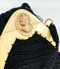 Load image into Gallery viewer, Original 1920's Antique Crochet Bag with Celluloid Frame with Cameo Clasp and Long Tassels *