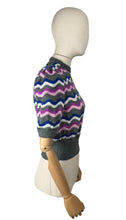 Load image into Gallery viewer, Reproduction 1940’s Hand Knitted Feather and Fan Striped Jumper in Grey, White, Blue and Pink - Bust 36 38