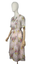 Load image into Gallery viewer, Original 1950's Pretty Pale Pink Nylon Dress with Floral Print in Blue, Yellow and White - Bust 36 37