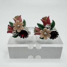 Load image into Gallery viewer, Original 1950's Mid Century Enamel Flowers Earrings with Red Paste