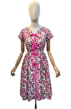 Load image into Gallery viewer, Original 1950’s Pink and Green Cotton Day Dress with Bow Trim - Bust 34