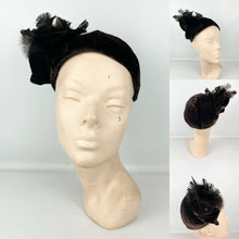 Load image into Gallery viewer, Original 1930's Dark Brown Velvet Skull Cap Hat with Large Feather Trim *