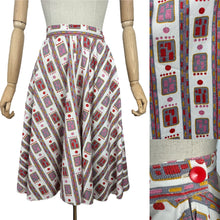 Load image into Gallery viewer, Original 1950's Full Circle Skirt in Abstract Print of Pink, Red, Mustard and Grey on White - Waist 27" *