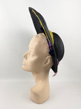 Load image into Gallery viewer, Utterly Exceptional American Made 1940s Black Straw Hat with Velvet Bow Trim in Purple, Ochre and Cerise
