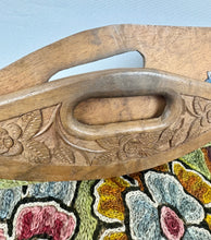 Load image into Gallery viewer, Original 1920’s Crewel Work Bag with Flowers in Green, Rust, Pink and Blue with Carved Wooden Handles