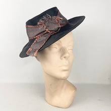 Load image into Gallery viewer, Original 1940's Black Straw Tilt Hat with Bronze Grosgrain Trim