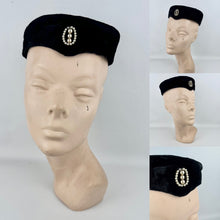 Load image into Gallery viewer, Original 1950's Inky Black Cotton Velvet Cocktail Hat with Faux Pearl Trim - Great Evening Hat