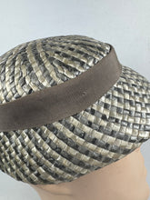Load image into Gallery viewer, Original 1950's Grey Lacquered Raffia Hat with Grosgrain Bow Trim by Jacoll *