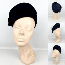Load image into Gallery viewer, Original Late 1930's or Early 1940's Midnight Blue Felt High Hat with Bow Trim by Reslaw *