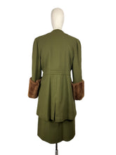 Load image into Gallery viewer, Original 1940's Olive Green Herringbone Wool Long Line Belted Jacket and Skirt Suit with Faux Fur Trim - Short Coat - Bust 36 38