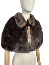 Load image into Gallery viewer, Original 1950's Faux Fur Dark Brown Evening Cape with Satin Lining and Bow Trim *