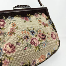 Load image into Gallery viewer, Original 1930’s 1940’s Large Wool Work Embroidered Bag with Leather Handle - Beautiful Vintage Handbag