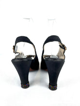 Load image into Gallery viewer, Original 1940's Inky Black Crepe Platform Evening Shoes with Paste Detail in Red, Blue, Yellow and Green - UK 4 *