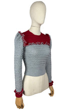 Load image into Gallery viewer, 1940s Reproduction Long Sleeved Jumper in Cherry Red and Light Grey with Frill Trim - Bust 34 36