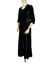 Load image into Gallery viewer, Original 1930’s Black Cotton Velvet Full Length Evening Dress with Bow Tie Belt - Bust 34 *