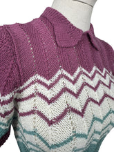 Load image into Gallery viewer, Reproduction 1940’s Hand Knitted Chevron Stripe Jumper in Sea Foam, Mauve and White - Bust 32 34 *