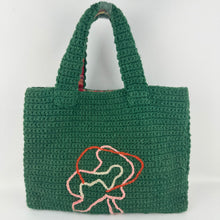 Load image into Gallery viewer, Original 1940's 1950's Green Wool Crochet Bag with Pretty Tartan Lining