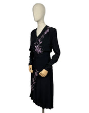 Load image into Gallery viewer, Original 1940's Black Satin Backed Crepe Long Sleeved Cocktail Dress with Lilac Purple Floral Silk Embroidery - Bust 36 38 *