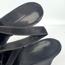 Load image into Gallery viewer, Wounded but Wearable Original 1940's Black Satin Evening Wedge Shoes with Gold Floral Applique Trim - Size 5 5.5