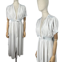 Load image into Gallery viewer, Original 1940's White Crepe Dressing Robe with Ice Blue Smocking Detail - Bust 34 36 *