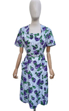 Load image into Gallery viewer, Original 1940’s 1950’s Belted Rose Print Cotton Day Dress in Grey, Purple and Green - Bust 40