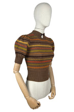 Load image into Gallery viewer, Reproduction 1930's Brown Hand Knitted Alpaca Wool Stripe Jumper with Puff Sleeves and Double Button Fastening - Bust 32 *