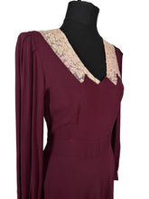 Load image into Gallery viewer, Original 1930's Petite Length Burgundy Crepe Long Sleeved Belted Day Dress with Lace Detail - Bust 34