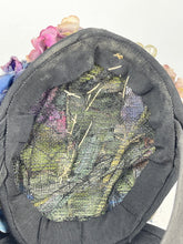 Load image into Gallery viewer, Original 1940’s Black Topper Hat with Pastel Flowers in Pink, Purple and Blue and Huge Bow Trim *