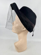 Load image into Gallery viewer, Outstanding Original 1940's Inky Black Felt Heart Hat with Face Veil and Stud Detail