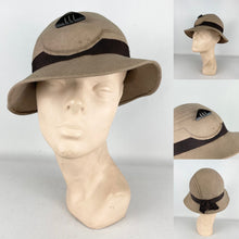 Load image into Gallery viewer, Original 1930's Taupe Seamed Felt Hat with Dark Brown Grosgrain Bow and Early Plastic Trim