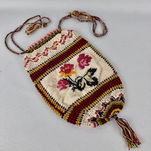 Load image into Gallery viewer, Antique Edwardian Crochet Drawstring Bag with Embroidered Floral Panels