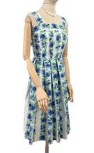 Load image into Gallery viewer, Original 1950's White and Blue Floral Stripe Cotton Dress Made in France - Bust 34 35 *