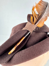 Load image into Gallery viewer, Original 1940's Warn Brown Felt Hat by Jacoll with Large Bow Trim and Chestnut Brown Feather
