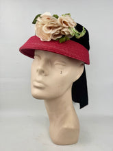 Load image into Gallery viewer, Original 1950's Cherry Red Straw hat with Wide Black Velvet Trim and Cream and White Floral Trim