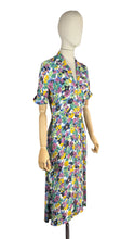 Load image into Gallery viewer, Original 1940's Bold Floral Crepe Day Dress in Pink, Green, Black and Yellow with Mother of Pearl Buttons - Bust 34