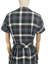 Load image into Gallery viewer, Original 1950's Black, Purple, White and Teal Plaid Cotton Belted Day Dress - Bust 32 34 *