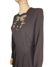 Load image into Gallery viewer, Original 1940’s Post WW2 Inky Black Crepe Cocktail Dress with Beaded Cutout Net Neckline and 11011 Label - Bust 38
