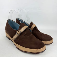 Load image into Gallery viewer, Original 1940's Deadstock CC41 Brown Suede and Beige Leather Wedge Shoes - UK 4 4.5