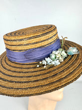 Load image into Gallery viewer, Original 1930's 1940's Blue Stripe Straw Hat with Floral Trim - Perfect Summer Hat *