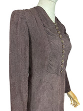 Load image into Gallery viewer, Original 1930's Dark Brown Satin Backed Crinkle Crepe Day Dress with Glass Buttons - Bust 32 34