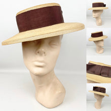 Load image into Gallery viewer, Original 1940’s Natural Straw Hat with Wide Brown Grosgrain Trim and Bow - Perfect Summer Hat