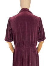 Load image into Gallery viewer, Original 1940's Aubergine Purple Cotton Velvet Dress with Huge Collar and Covered Buttons - Bust 38 40